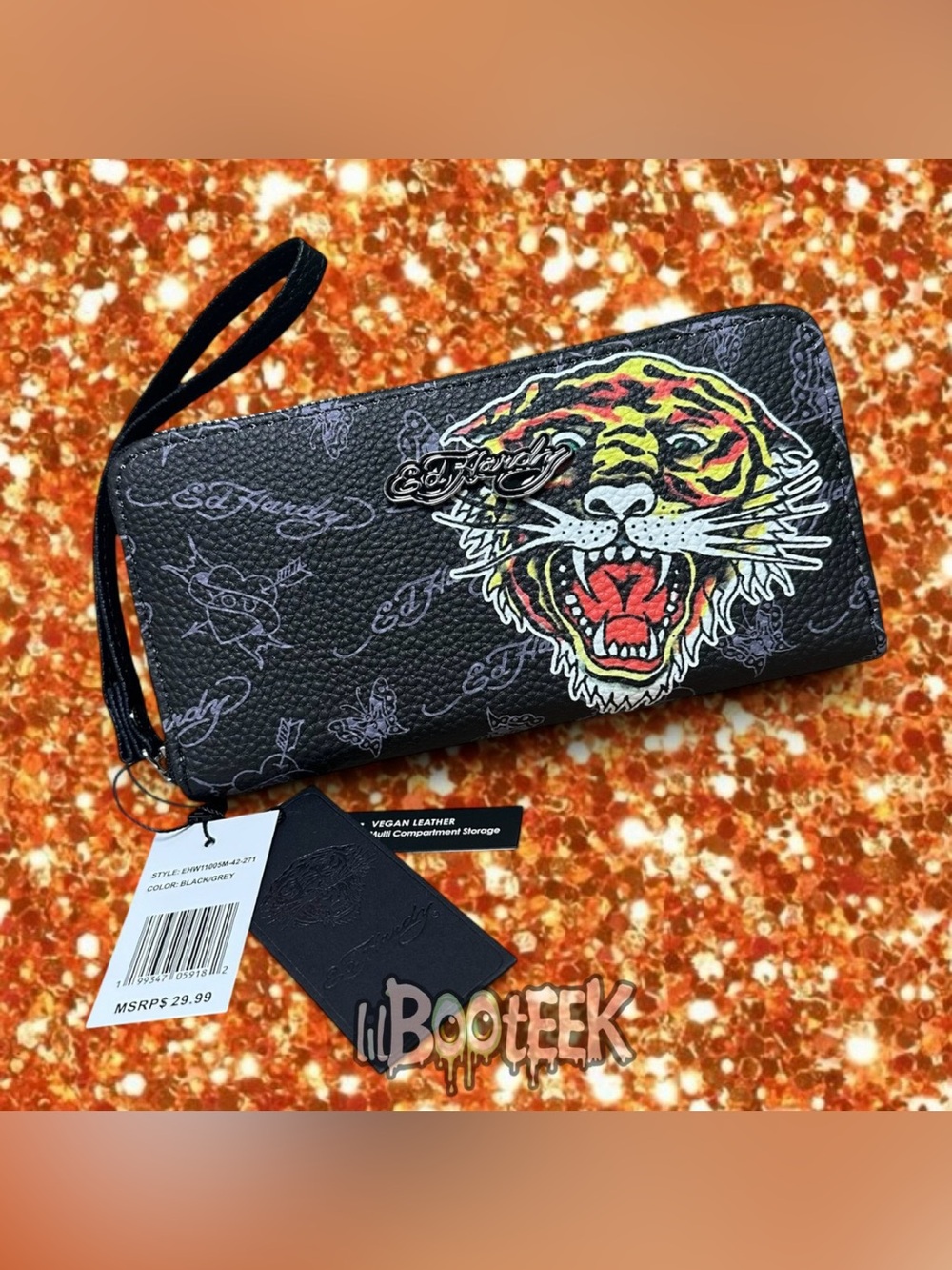 Ed Hardy Vegan Leather Wallet Wristlet Black Gray Tiger Hearts Butterfly NEW Y2K